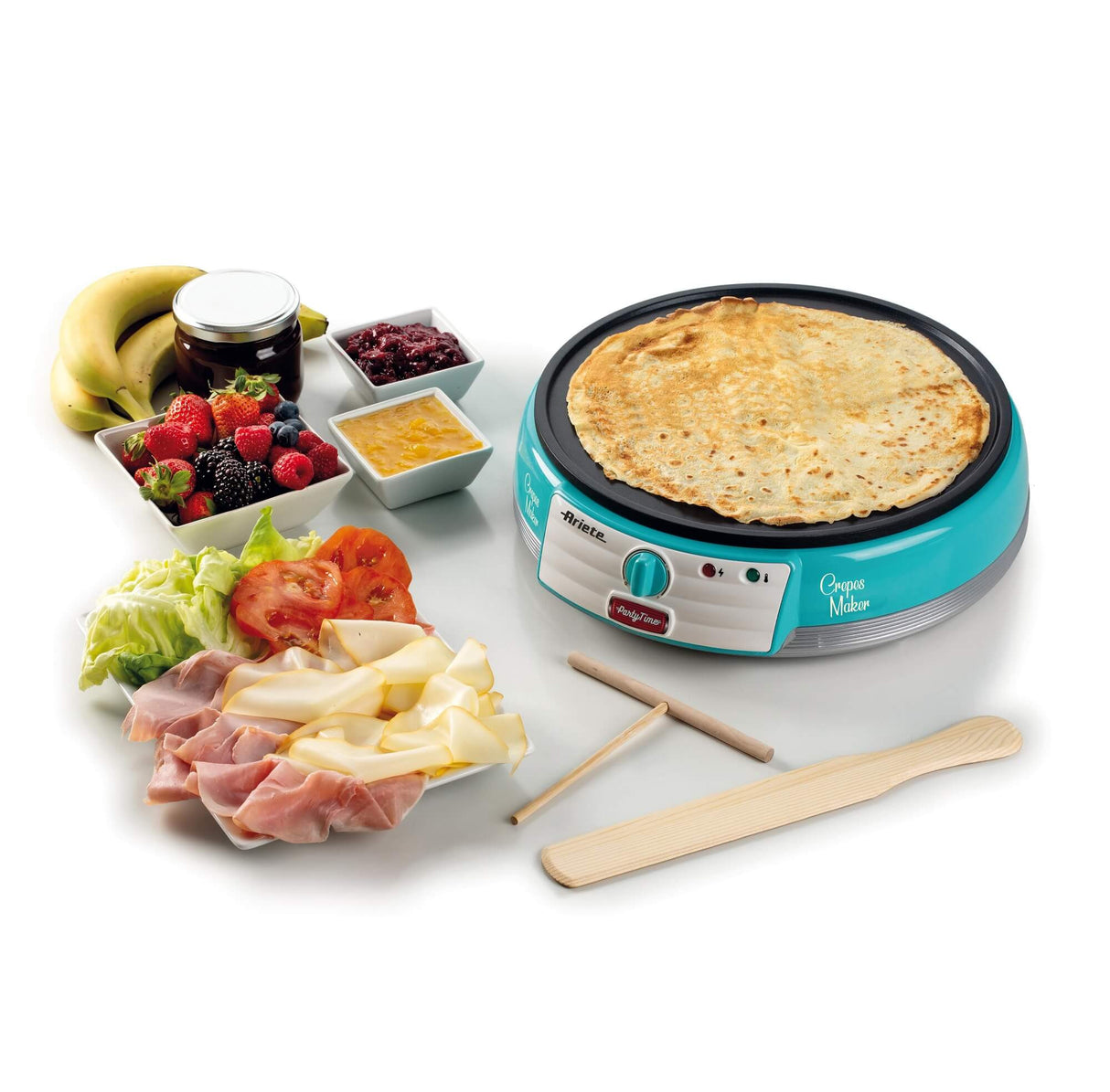 Ariete 202 Crepes Maker Party Time - Piastra per Crepes antiaderente - 2 spatole in legno - ricettario - 1000 W - Azzurro